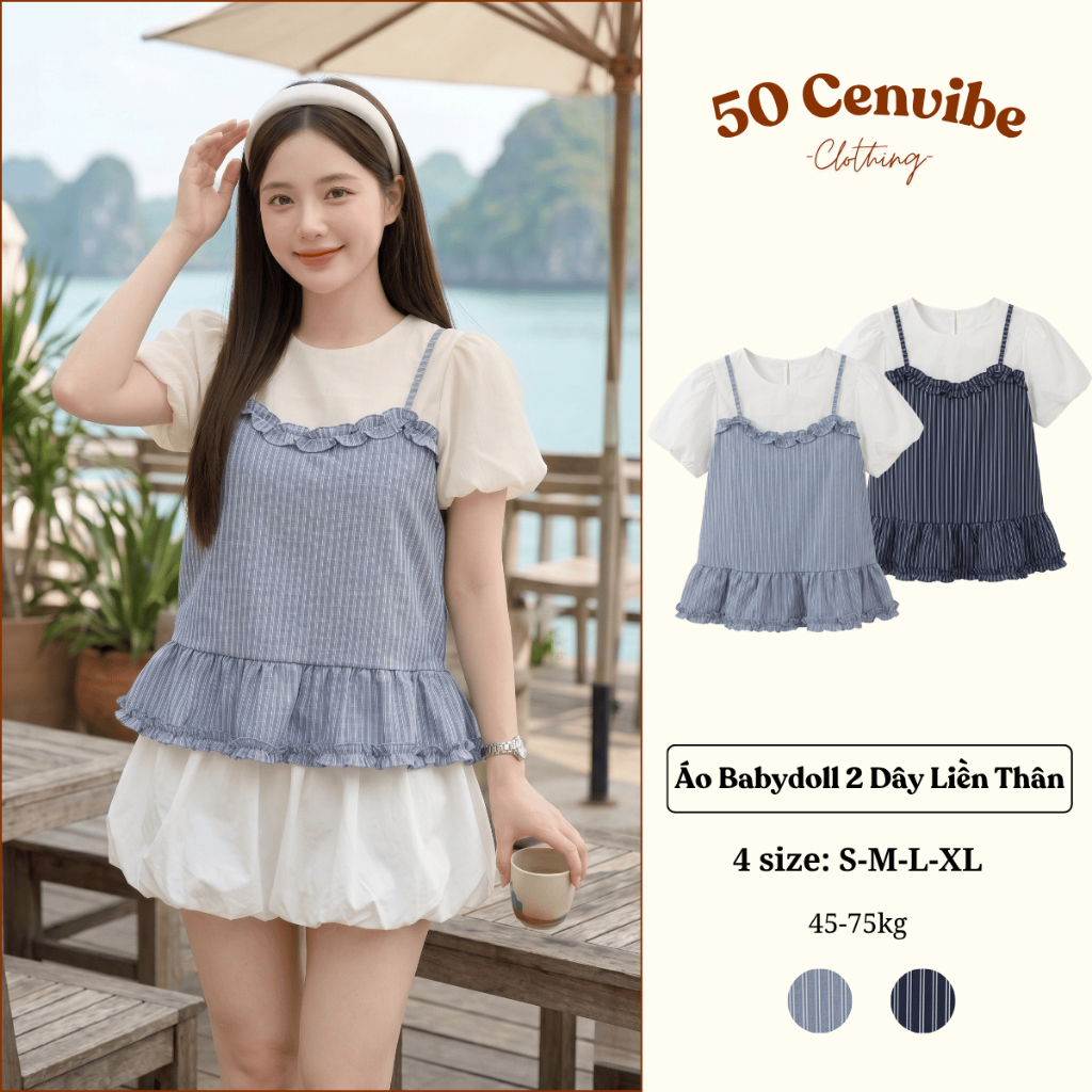Áo Nữ Babydoll 2 Dây Nữ Kẻ Sọc Có Bigsize 45-75kg Phối Tay Voan Phồng Nhún Bèo (50 Cenvibe.Clothing)