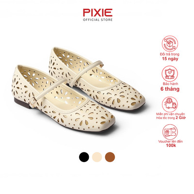 Giày Búp Bê Nữ Đế Bệt Mũi Tròn Quai Ngang Thiết Kế Khắc Laser Thời Trang Pixie H412