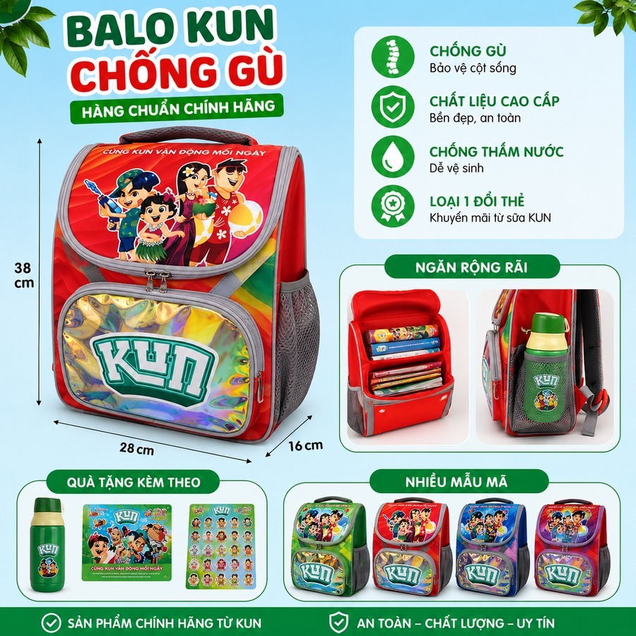BALO KUN CHỐNG GÙ, BALO KHUYẾN MÃI SỮA KUN HÀNG CHUẨN CHÍNH HÃNG ( LOẠI 1 ĐỔI THẺ )