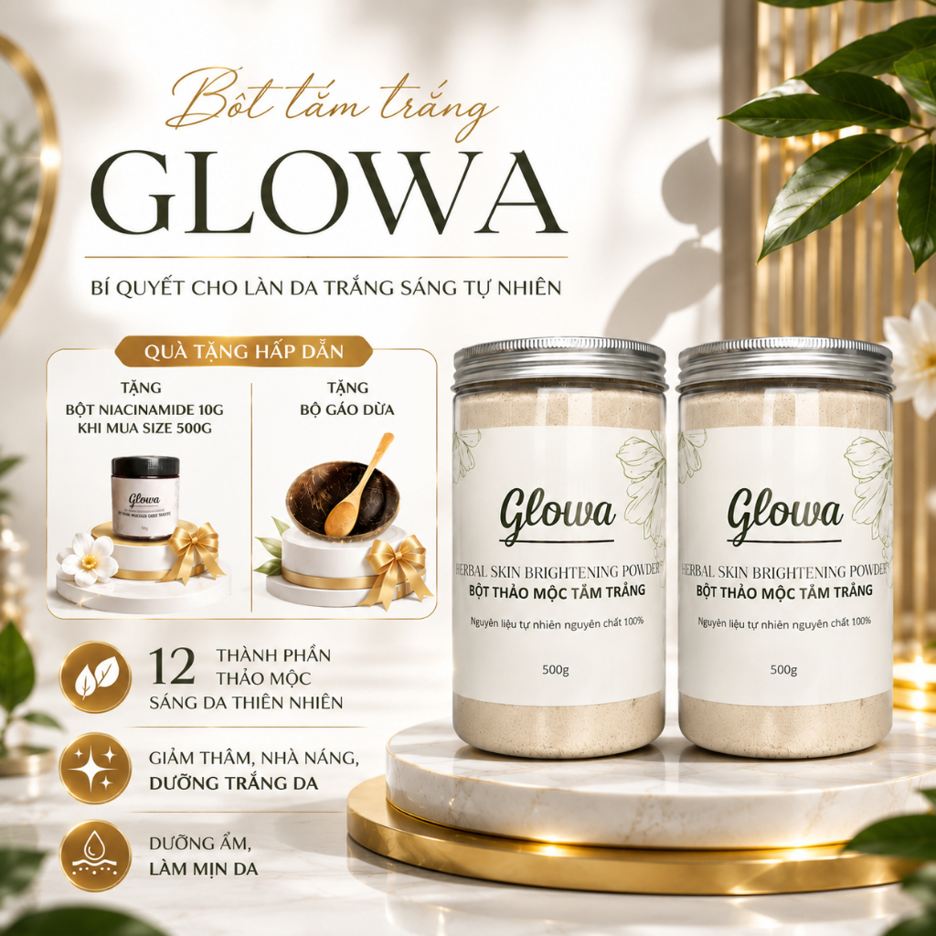 (Tặng bột nia + gáo dừa) Set 2 hũ 500g bột thiên nhiên tắm trắng dưỡng trắng mịn da Glowa