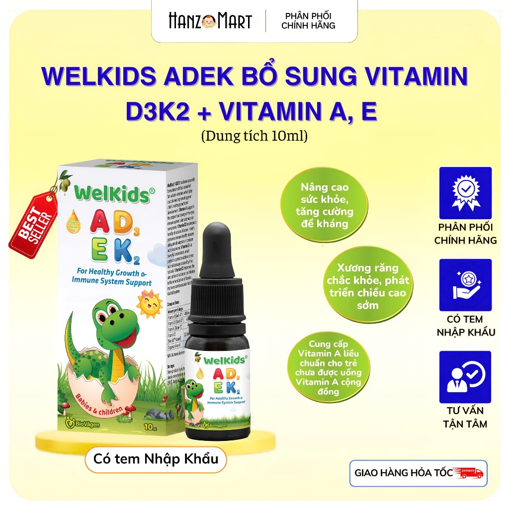 WelKids d3k2 tinh khiết bổ sung vitamin d3 k2 mk7 tan trong dầu olive hữu cơ tăng chiều cao cho bé d