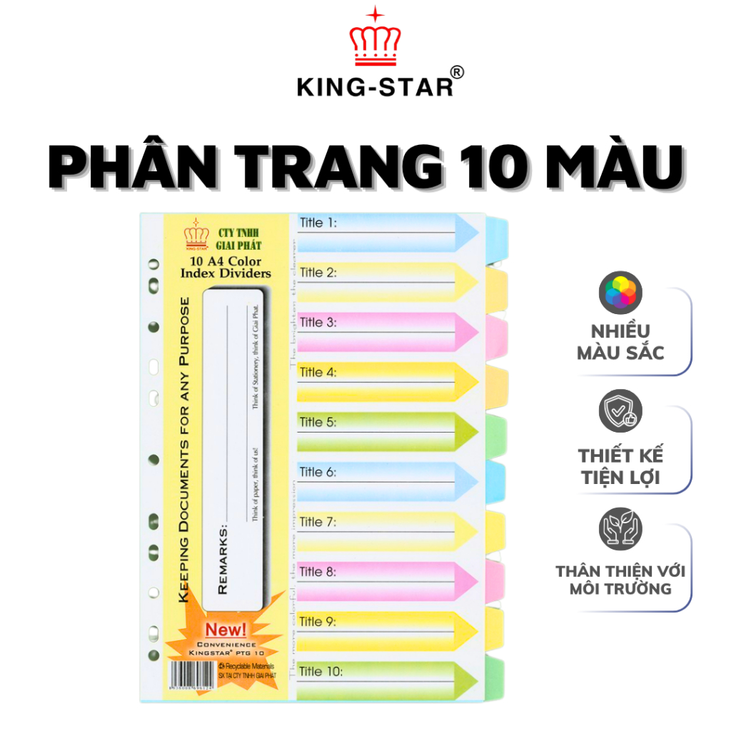 Bìa Phân Trang 10 Màu A4 King-Star Giấy Phân Trang Nhãn Tab Phân Loại Tài Liệu Hồ Sơ Tiện Lợi