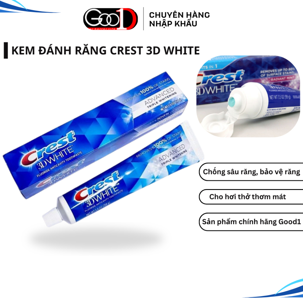 Kem đánh răng Crest 3D White Vivid Mint Ultra 147g USA Good1 ngăn ngừa sâu răng, cho răng chắc khoẻ