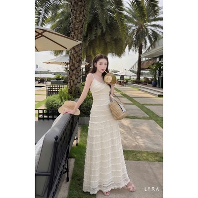 LYRA - Đầm maxi 2 dây ren xốp dáng dài ôm xòe váy ren cổ vuông phối bèo tiểu thư sang trọng style vintage CSYVD0154
