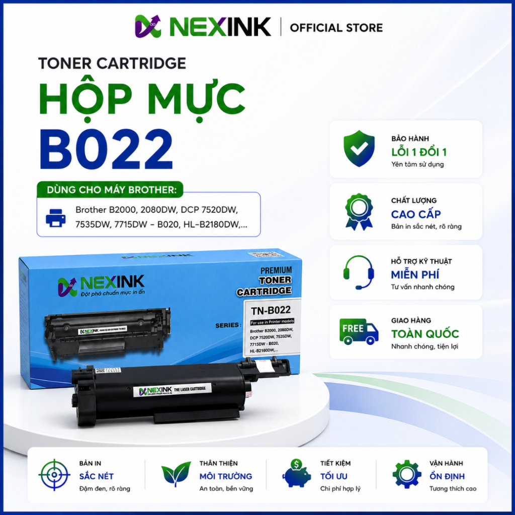 [TN B022] Hộp Mực NEXINK Cho Máy In Brother B2000 2080DW DCP 7520DW 7535DW 7715DW, Sẵn Mực, Lỗi 1 Đổ