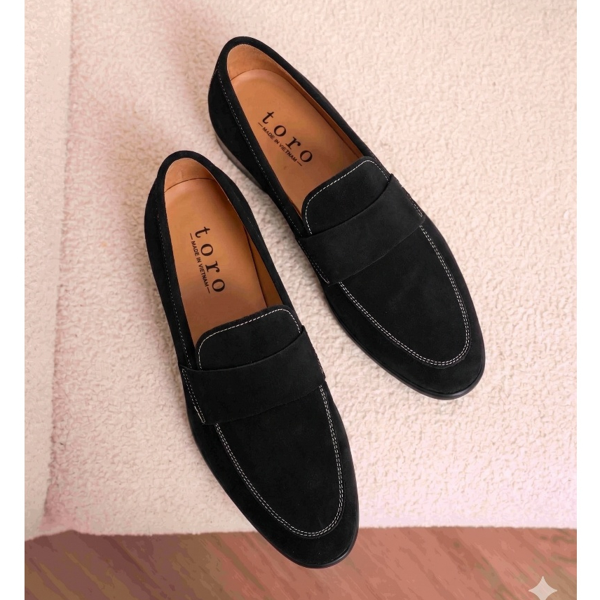 Giày Lười Penny Loafer nam Da lộn - Chỉ trắng - Da bò nguyên tấm Toroshoes Mã M748 Đen