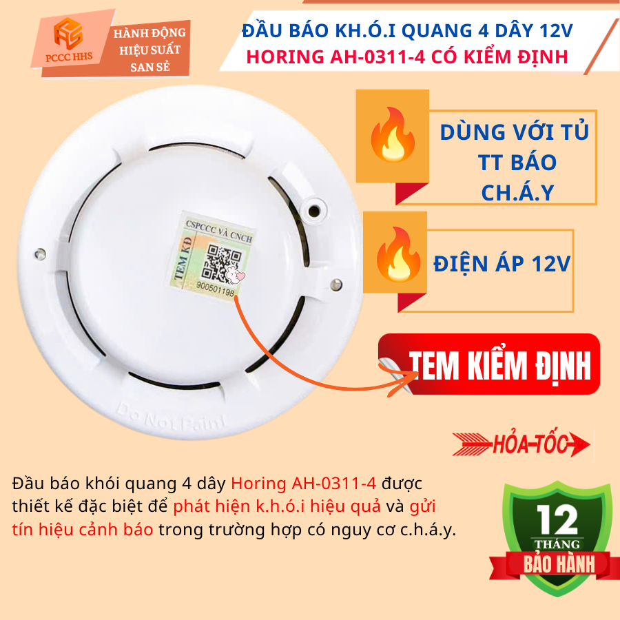 {Có kiểm định } Đầu báo khói 12V Horing AH-0311-4-Dùng với hệ thống-tủ trung tâm báo cháy
