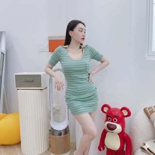 Váy Body Nữ Kẻ Sọc Cổ Bẻ Tôn Dáng