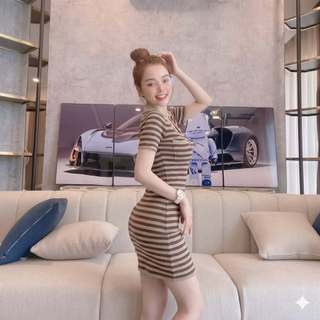 Váy Body Nữ Kẻ Sọc Cổ Bẻ Tôn Dáng