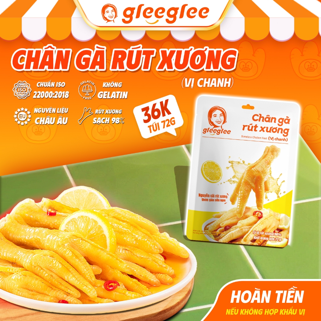 Chân Gà Rút Xương GleeGlee Vị CHANH 72g, Tỉ lệ >98% Sạch Xương, Ăn Liền Tiện Lợi, Chuẩn ISO 22000
