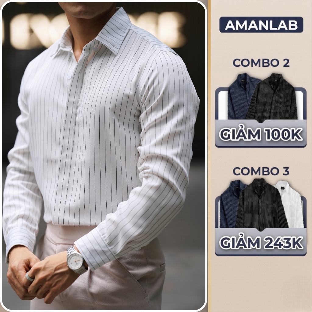[UPDATE MÀU MỚI] Áo sơ mi dài tay kiểu sọc, vải cotton spandex, form regular Pinstripe Noir  AMANLAB