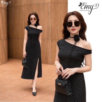 Đầm Thiết Kế EMY Thời Trang Cao Cấp EM9814 Vải Tơ Nhăn Chấm Bi Sang Chảnh Đi Tiệc