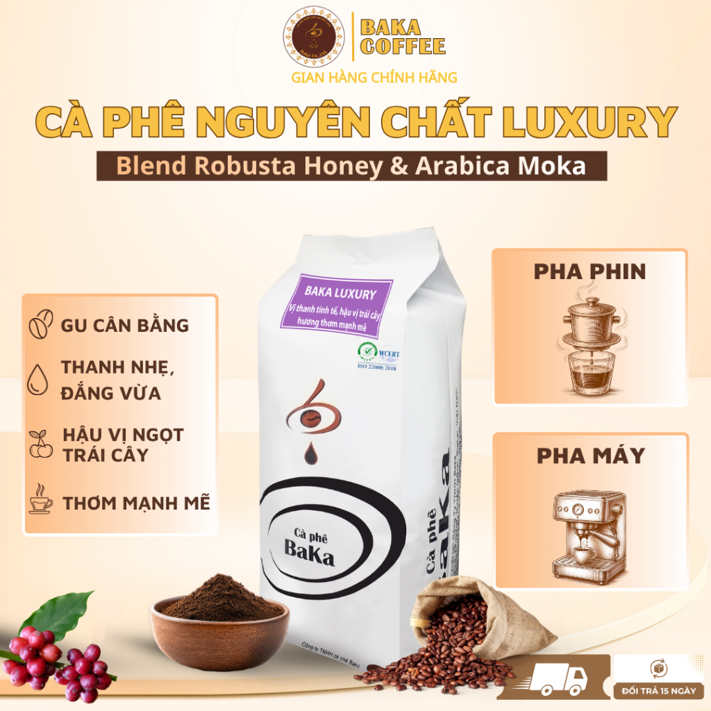 Cà phê Luxury Baka Coffee nguyên chất - Blend Robusta Honey & Arabica Moka - Gu cân bằng hậu ngọt