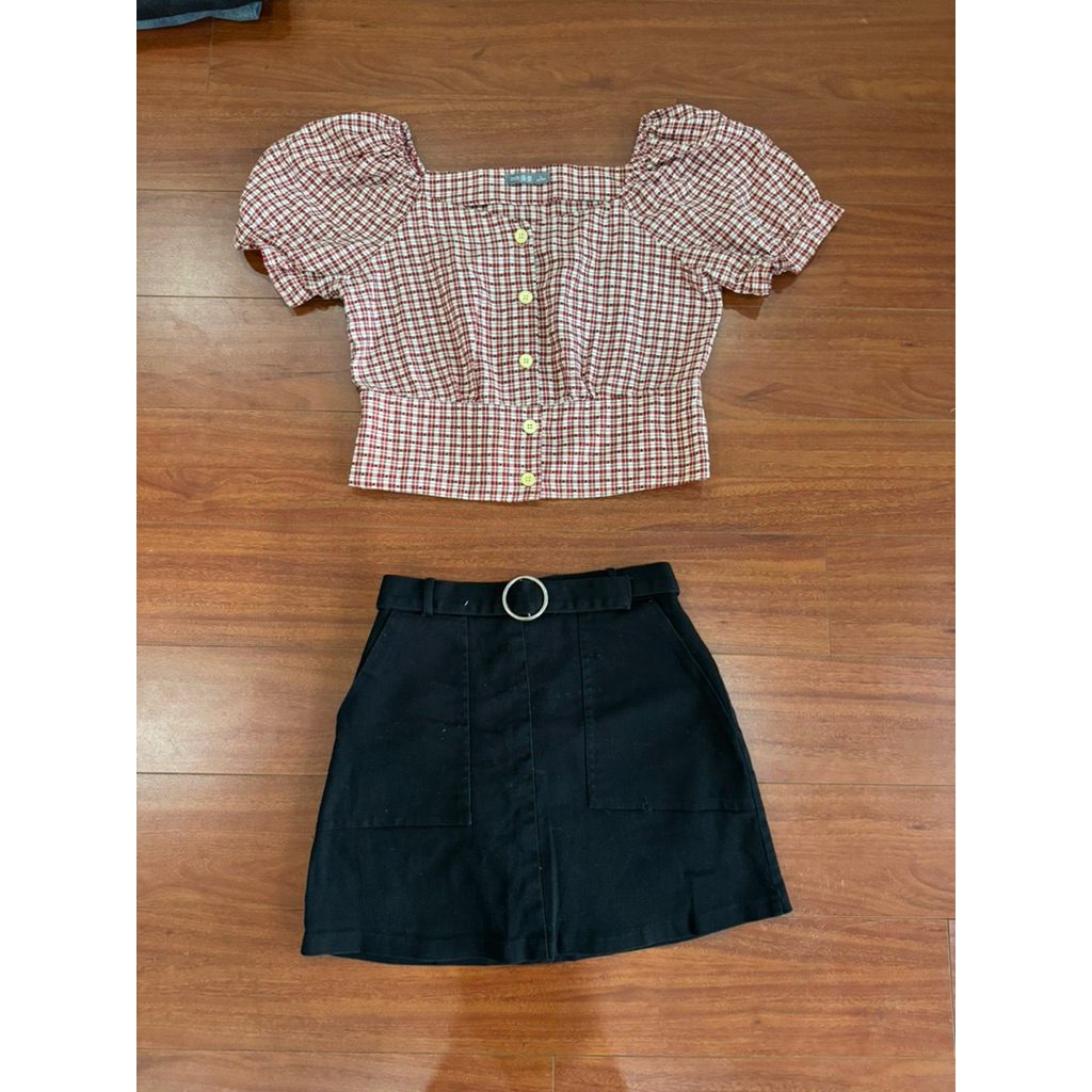 set áo caro croptop cv A đen kaki