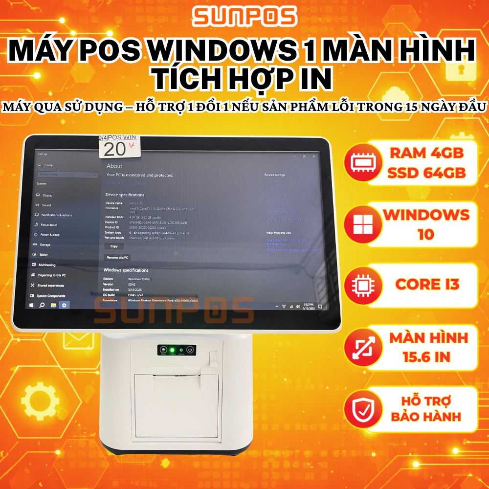 [Qua sử dụng] Máy POS cảm ứng Windows (Intel i3, RAM 4GB / ROM 64GB) - Bảo hành 3 tháng