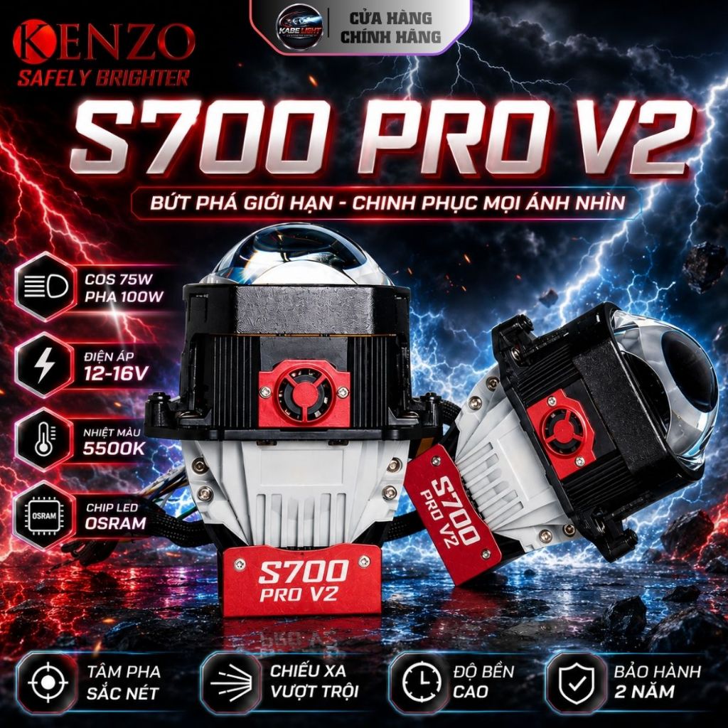 Đèn Bi Led KENZO S700 PRO V2 New 2026 100W, Có Mắt Trợ Pha Led Cực Khủng, Bảo Hành Chính Hãng 2 Năm