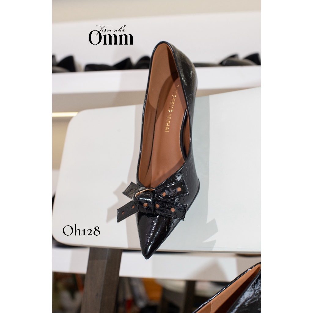 Omm Hàng có sẵn OH128 Giày cao gót da mềm đính nơ 7cm