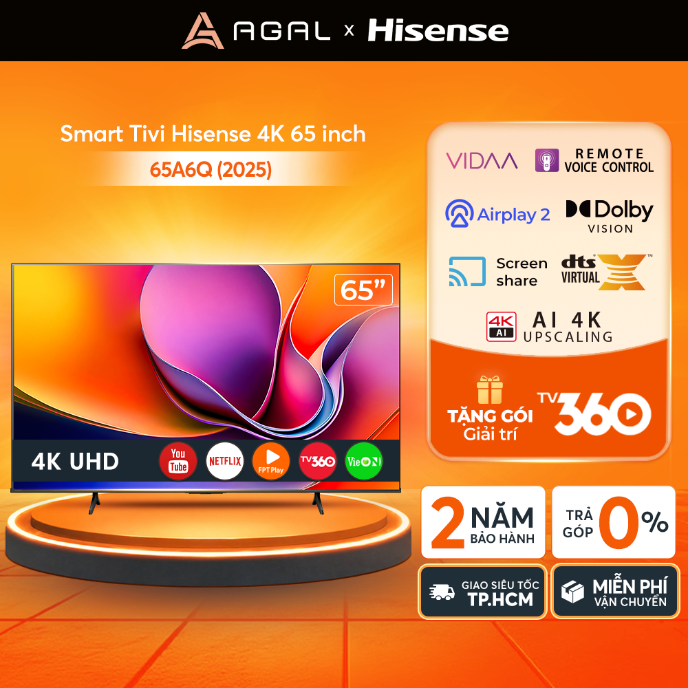 Smart Tivi Hisense 4K UHD 65 inch 65A6Q, Trả góp 0%, Bảo hành 2 năm