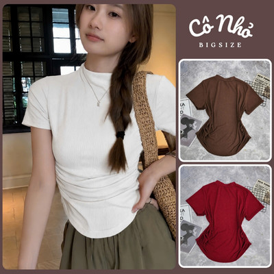 Áo Baby Tee Bigsize Nữ Tay Ngắn Cổ Cao Vạt Bầu Che Bụng Vải Thun Gân Co Giãn G202