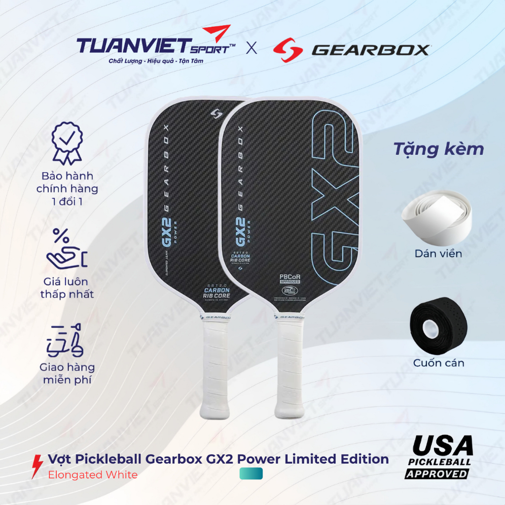 Vợt Pickleball Gearbox GX2 Power Elongated White - Limited Edition