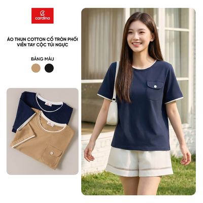Áo phông nữ CARDINA chất liệu thun cotton tay cộc cổ tròn phối túi ngực 6ATC37