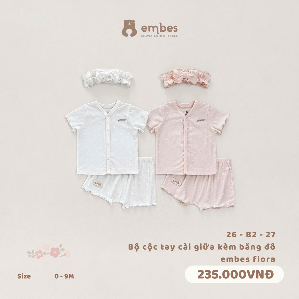 Bộ cộc tay cài giữa kèm băng đô Embes cho bé gái từ 0-9m BEO.Kids
