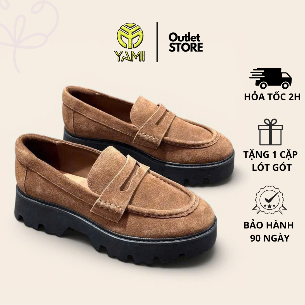 Giày Loafer Nữ Size 39.5, Chunky Loafer Nữ Cao Cấp Da Lộn Đế Dày Quai Yếm Thời Trang