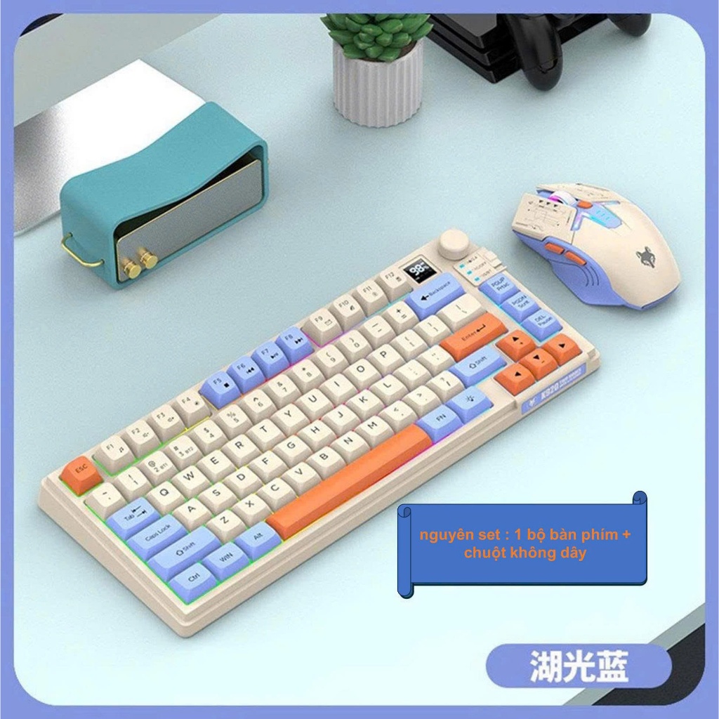 Bộ Bàn Phím + chuột Không Dây Bluetooth FreeWolf M96 LED 7 Màu Có Màn Hình, 2 Mode, Phím PBT Cao Cấp