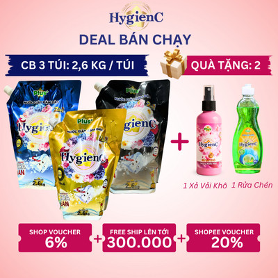 Combo 3 Túi Nước Giặt Đậm Đặc HygienC Plus 2.6Kg/ Túi - Hương Nước Hoa, Làm Sạch Vết Bẩn