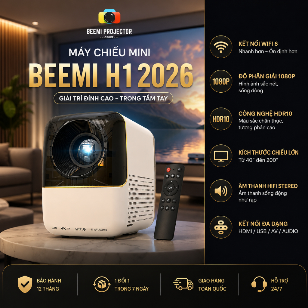 Máy Chiếu Mini Beemi H1 Full HD 1080P Wifi, Bluetooth HDMI USB AV Hệ Điều Hành Android 9.0 Bảo Hành 6 Tháng | BigBuy360 - bigbuy360.vn
