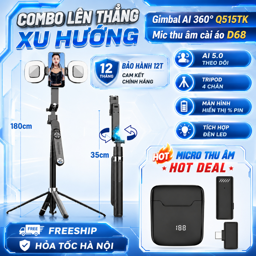 Gimbal AI Q515TK xoay 360 độ, Chân quay điện thoại thông minh, Điều khiển từ xa bằng bluetooth