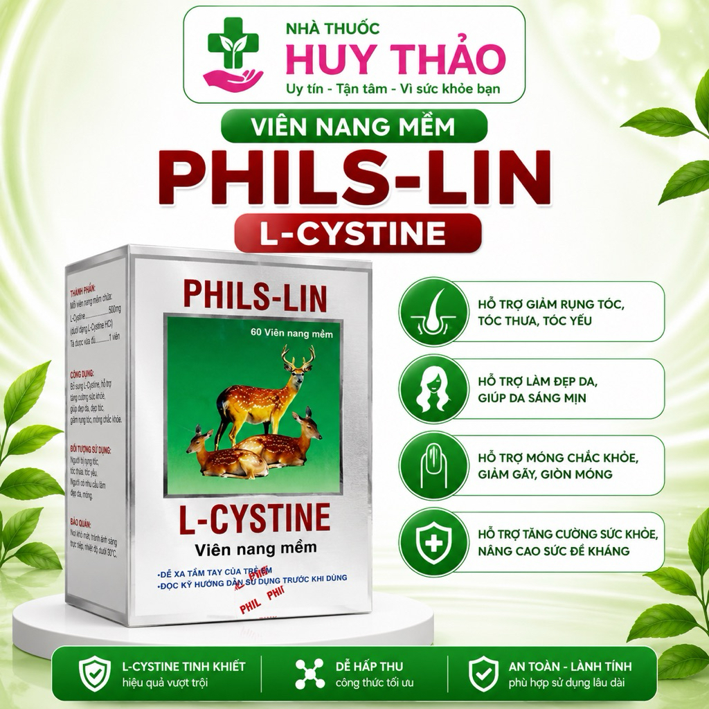 L-Cystine Phils Lin - Viên Uống Đẹp Da, Dưỡng Da, Nám Tàn Nhang, Chống Lão Hoá, Rụng Tóc (Hộp 60 Viê