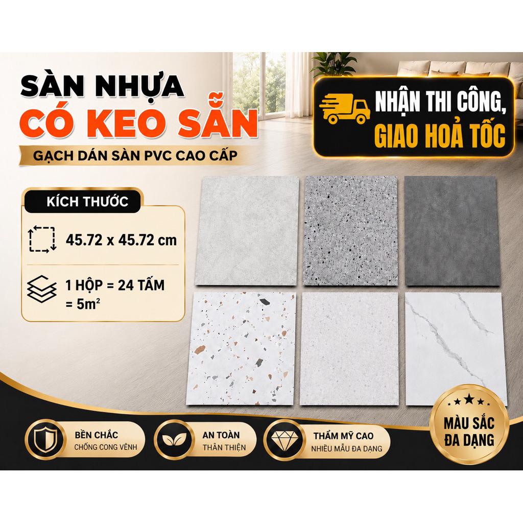 24 tấm, 5m², Sàn nhựa giả bê tông, 45.7 x 45.7cm, Sàn nhựa giả gạch, sàn dán keo sẵn