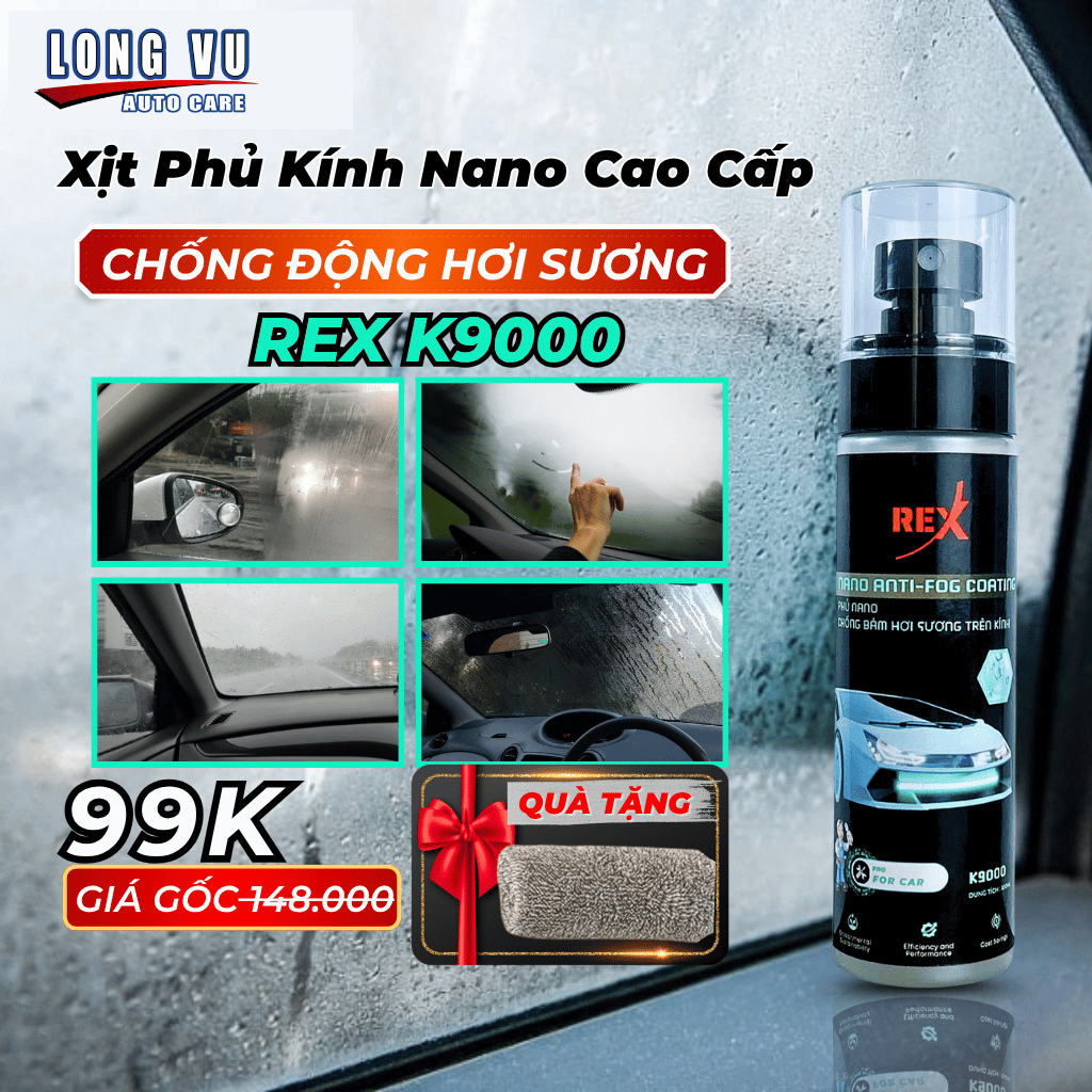 Xịt Nano Chống Bám Hơi Nước Kính Ô Tô REX K9000 Phủ Nano Chống Đọng Nước, Sương Mù Mũ Bảo Hiểm