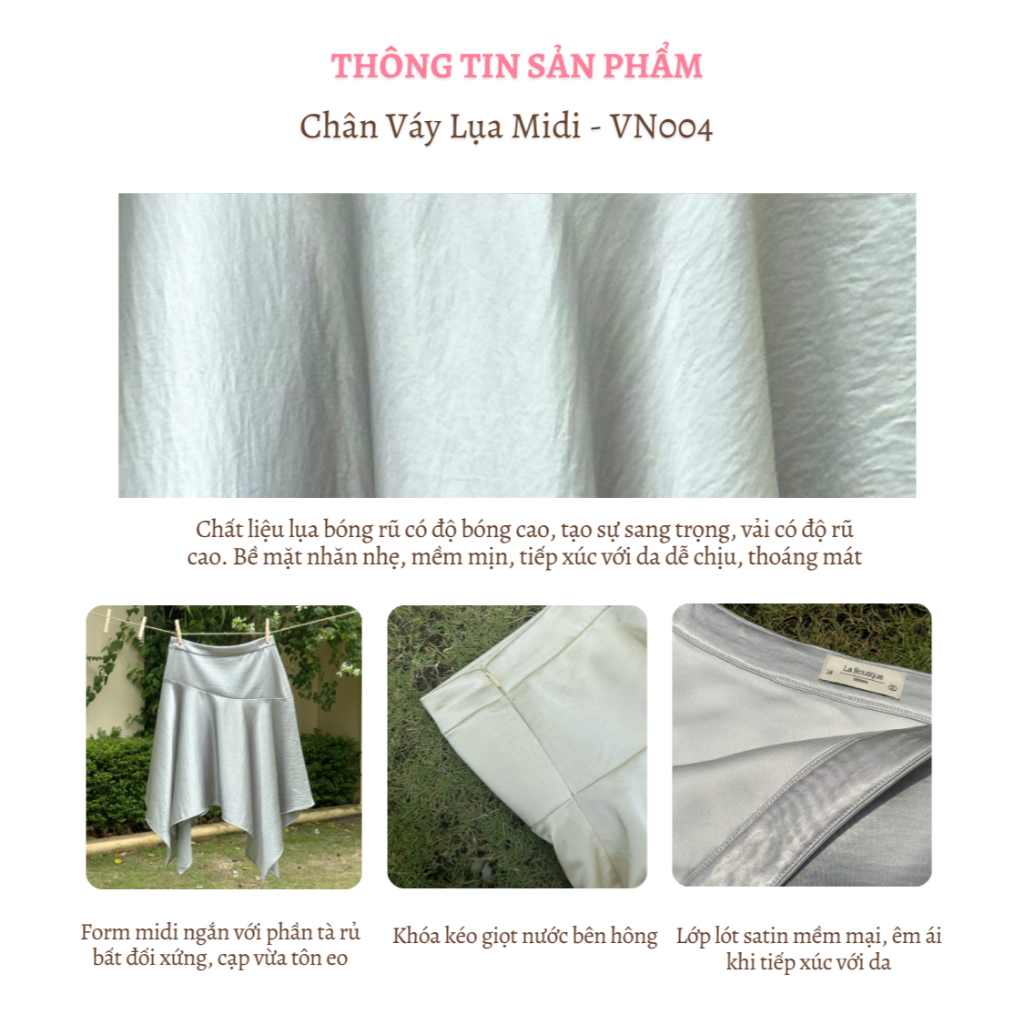 Chân Váy Lụa Dáng Midi Lai So Le La Boutique SS26 - VN004-2605LAT | BigBuy360 - bigbuy360.vn