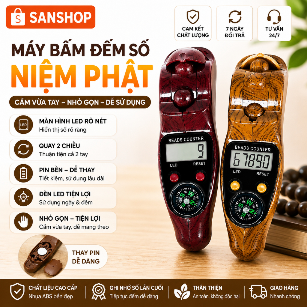 Máy Bấm Đếm Số Niệm Phật, Máy Đếm Số Niệm Phật, Tràng Hạt Điện Tử Niệm Phật Kí Số - Màn Led Nét Rõ