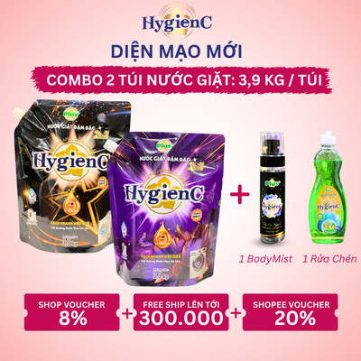 [DIÊN MẠO MỚI] Combo 2 Túi Nước Giặt Đậm Đặc HygienC Plus 3,9 Kg/Túi - Hương Nước Hoa, Làm Sạch Vết Bẩn