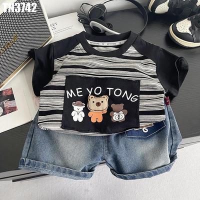Set Đồ Bé Trai Áo Cộc Tay Kẻ Sọc Ngang Phối Tay Đen In Hình Gấu Quần Short Jean MINT'S CLOSET TN3742