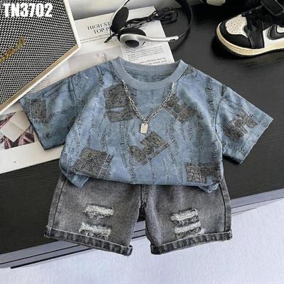 Set Áo Thun Tay Ngắn In Chữ Dây Chuyền Quần Jean Rách Bé Trai 1-5 Tuổi MINTSCLOSET Quảng Châu TN3702