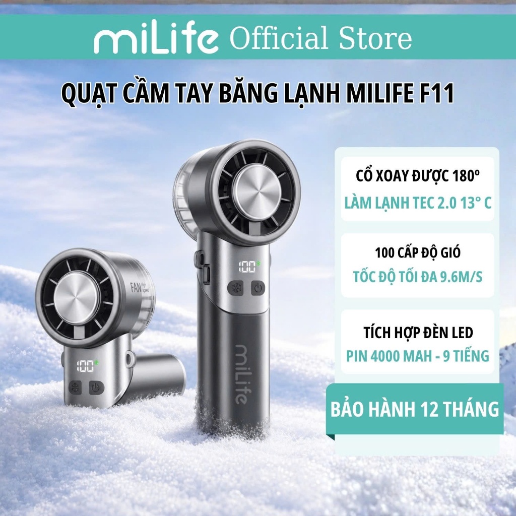 Quạt cầm tay sò lạnh miLife F11 thân xoay 180 độ, pin 4000mAh 9 tiếng, gió 9.8m/s | BigBuy360 - bigbuy360.vn