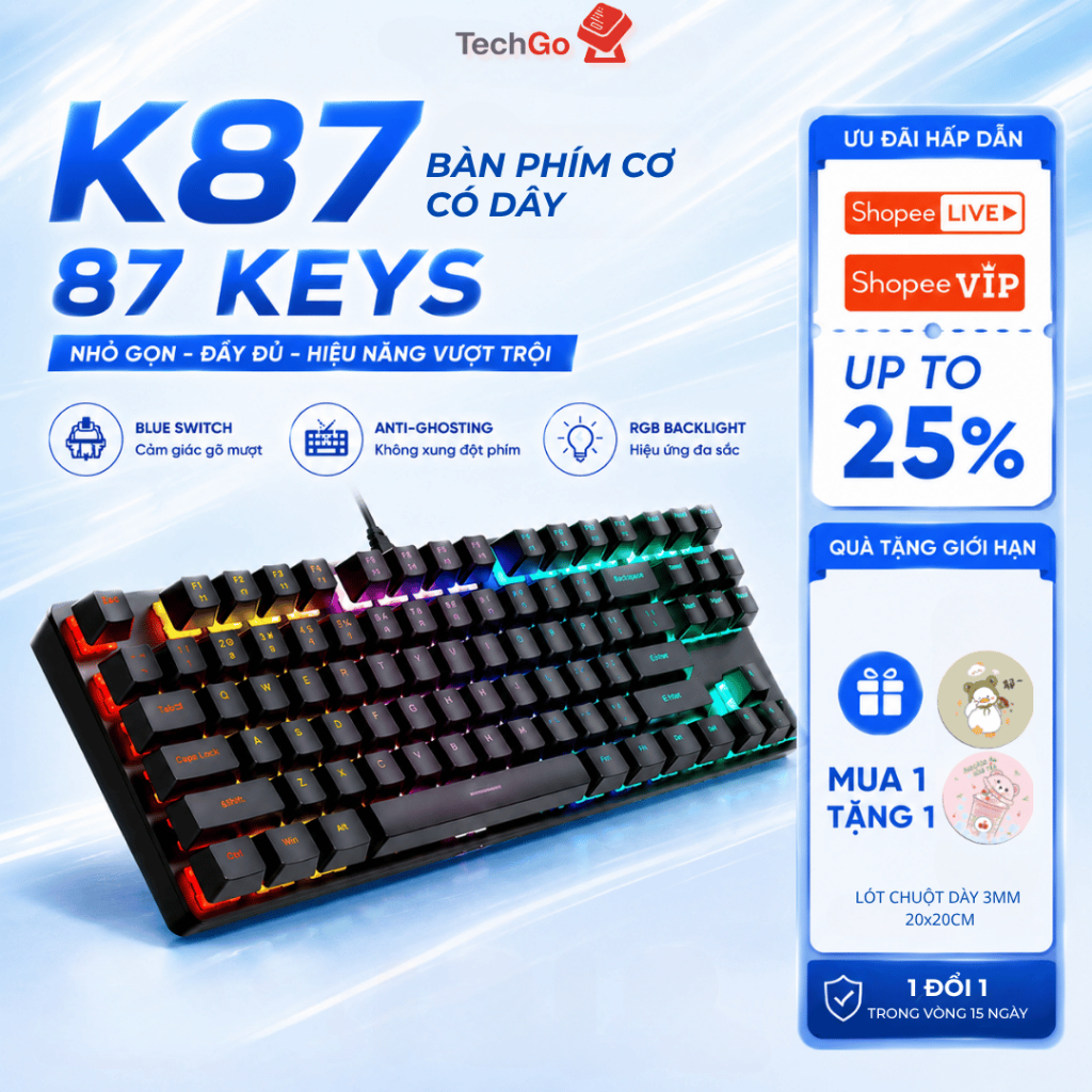 Bàn Phím Cơ K87 Pro RGB 16 Chế Độ, Blue Switch Gõ Mượt, Keycap ABS Xuyên Đèn