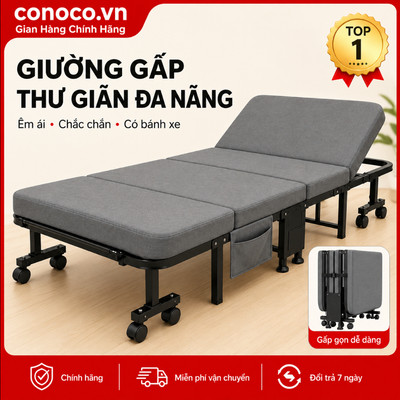 Giường Gấp Gọn Khung CONOCO Thép Nệm Dày Bánh Xe 360 Chỉ 0.1m2 Cho Phòng Trọ