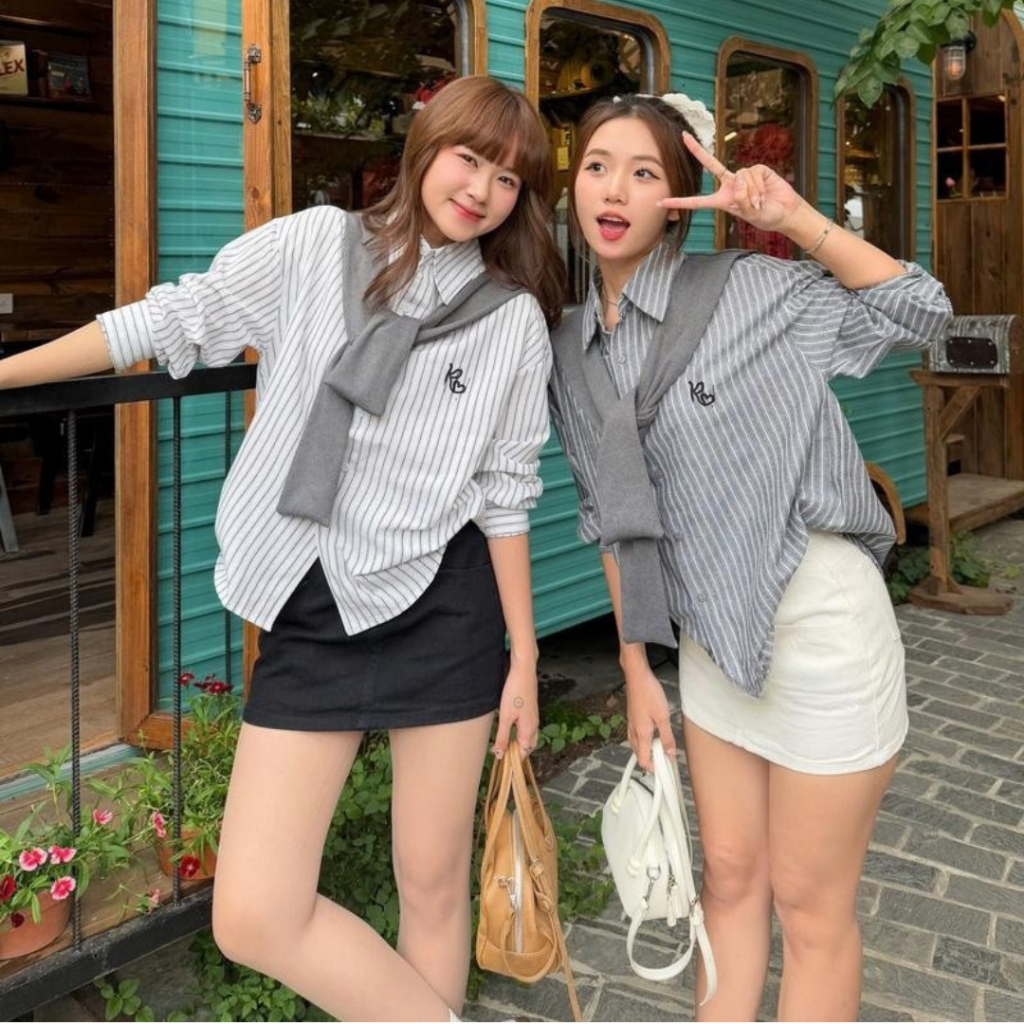Sơ Mi Nữ Dài Tay Hình Thêu Chất Thô Mềm Kèm Khăn, Sơ Mi Kẻ Nữ Dáng Rộng Kiều Hàn Quốc - Kim Anh Bùi 