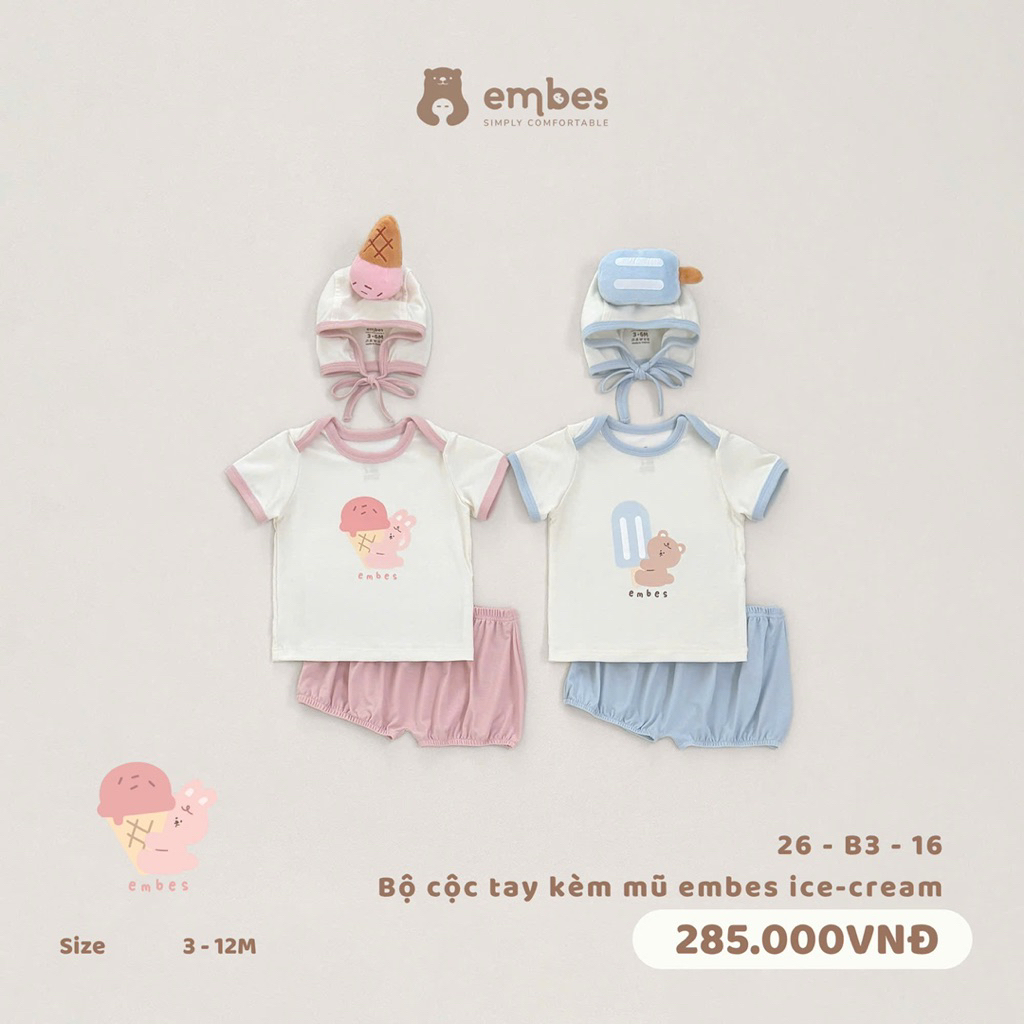 Bộ cộc tay kèm mũ Embes Ice Cream cho bé trai bé gái từ 3-12m BEO.Kids