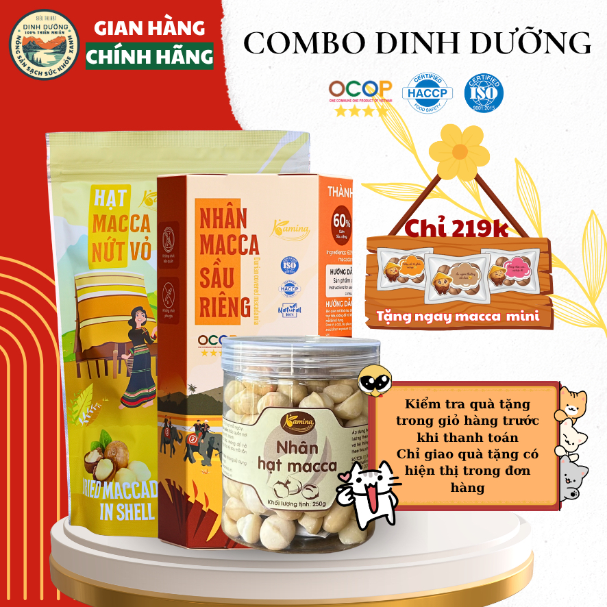 Combo 3 món: Hạt Macca nứt vỏ size TRUNG - Nhân macca tách vỏ - Nhân macca sầu riêng sấy