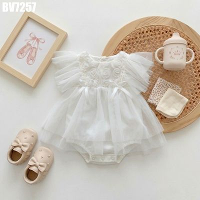 Body Váy Bé Gái Sơ Sinh Voan Tơ Cánh Tiên Thêu Hoa Kèm Mũ Ren Đầy Tháng Công Chúa MINTSCLOSET BV7257