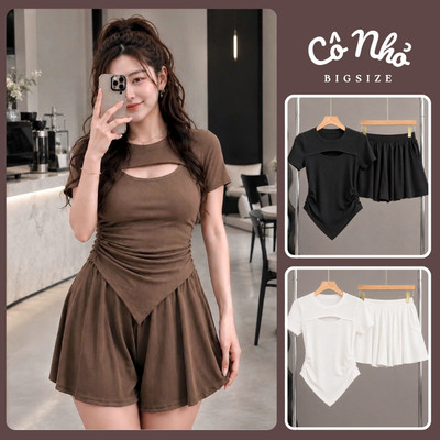 Set bộ đồ nữ bigsize cô nhỏ áo tay ngắn rút eo xẻ ngực tà nhọn, quần xòe ngắn lưng cao vải thun gân trẻ trung SET817