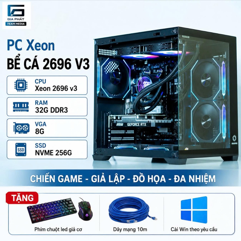 PC Xeon bể cá 2696 v3 Ram 32G VGA 8G SSD NVME 256G chiến game, giả lập, đồ họa, nox
