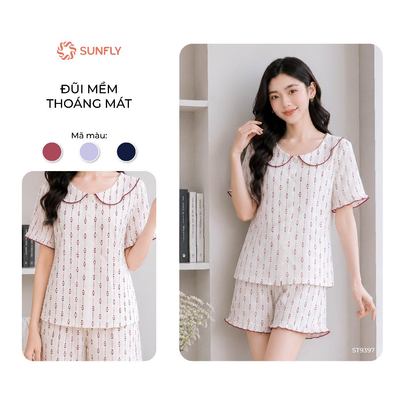 Bộ mặc nhà pijama nữ SUNFLY đũi mềm áo cộc quần sooc ST9397
