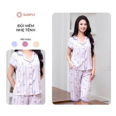 Bộ mặc nhà pijama nữ SUNFLY đũi mềm áo cộc quần ngố ST9386